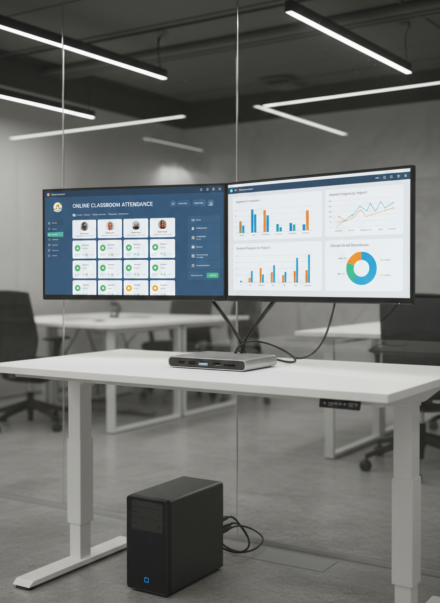 A dual-monitor setup on a modern white standing desk, one screen showing Andrey’s School attendance dashboard with green and yellow status indicators, the other displaying performance analytics with bar charts and line graphs. A slim docking station connects both displays to a discreet, compact desktop tower. The backdrop is a glass partition revealing a blurred, neutral office interior without people. Cool, soft overhead LED lighting creates an evenly lit, professional environment with minimal glare on the screens. Photographic realism, captured from a slightly low, three-quarter angle to emphasize the technology. The composition balances both monitors symmetrically, conveying precision, data-driven decision-making, and reliable online classroom management.