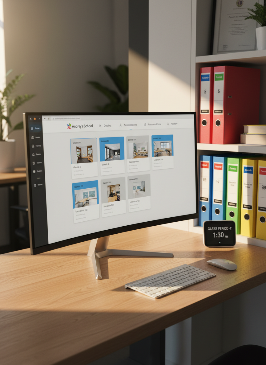 An organized administrator’s workspace dedicated to Andrey’s School portal, featuring a large curved monitor displaying a clean, modular interface for managing multiple online classrooms, with tabs for grading, announcements, and resource libraries. Beneath, a slim keyboard and trackpad sit on a light oak desk with a subtle natural grain. To the side, color-coded binders labeled by grade and subject are aligned in a white shelf niche, and a small digital clock shows the current class period. Soft afternoon light filters in from the right, creating warm highlights and gentle, elongated shadows. Photographic realism from an eye-level, wide composition, giving a sense of an efficient, professional control center for the school’s online operations.
