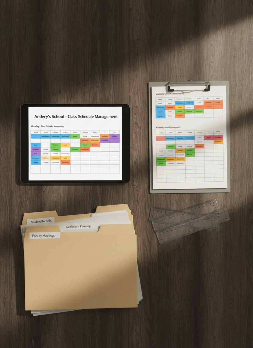 A close-up of a tablet lying flat on a dark, finely grained wooden desk, displaying Andrey's School class schedule management screen, with crisp typography, color-coded subjects, and a clear weekly calendar view. Around the tablet are neatly arranged administrative tools: a slim metallic clipboard with printed timetables, a pair of translucent rulers, and an orderly stack of labeled file folders. Soft, directional morning light from the right creates subtle highlights on the tablet’s glass surface and delicate shadows from the stationery. Shot in photographic realism from a top-down, bird’s-eye view, with the tablet slightly off-center using rule-of-thirds composition. The mood is focused and methodical, underscoring structured academic organization.
