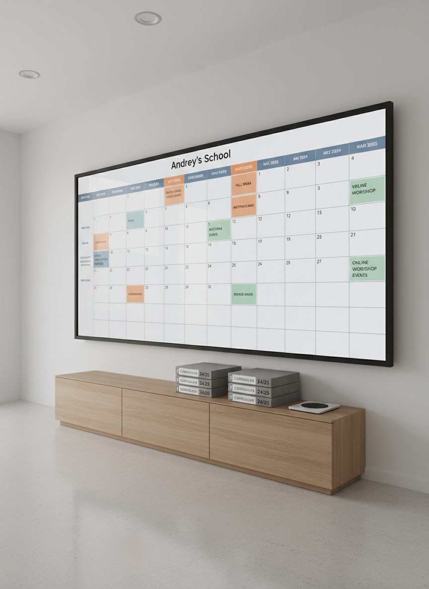 A large interactive wall display in a dedicated planning room for Andrey’s School, showing a complex calendar of term dates, exam periods, and online classroom events, all laid out in a precise grid with muted, professional colors. Below the display, a narrow credenza holds neatly stacked curriculum binders and a sleek wireless presenter. The room has matte white walls and a light concrete floor, creating a minimalist, distraction-free backdrop. Overhead recessed lighting produces soft, even illumination, with subtle reflections on the screen surface. Photographic realism, shot from a slightly diagonal angle to reveal depth in the room. The atmosphere is strategic and forward-looking, emphasizing long-term planning and school-wide coordination.