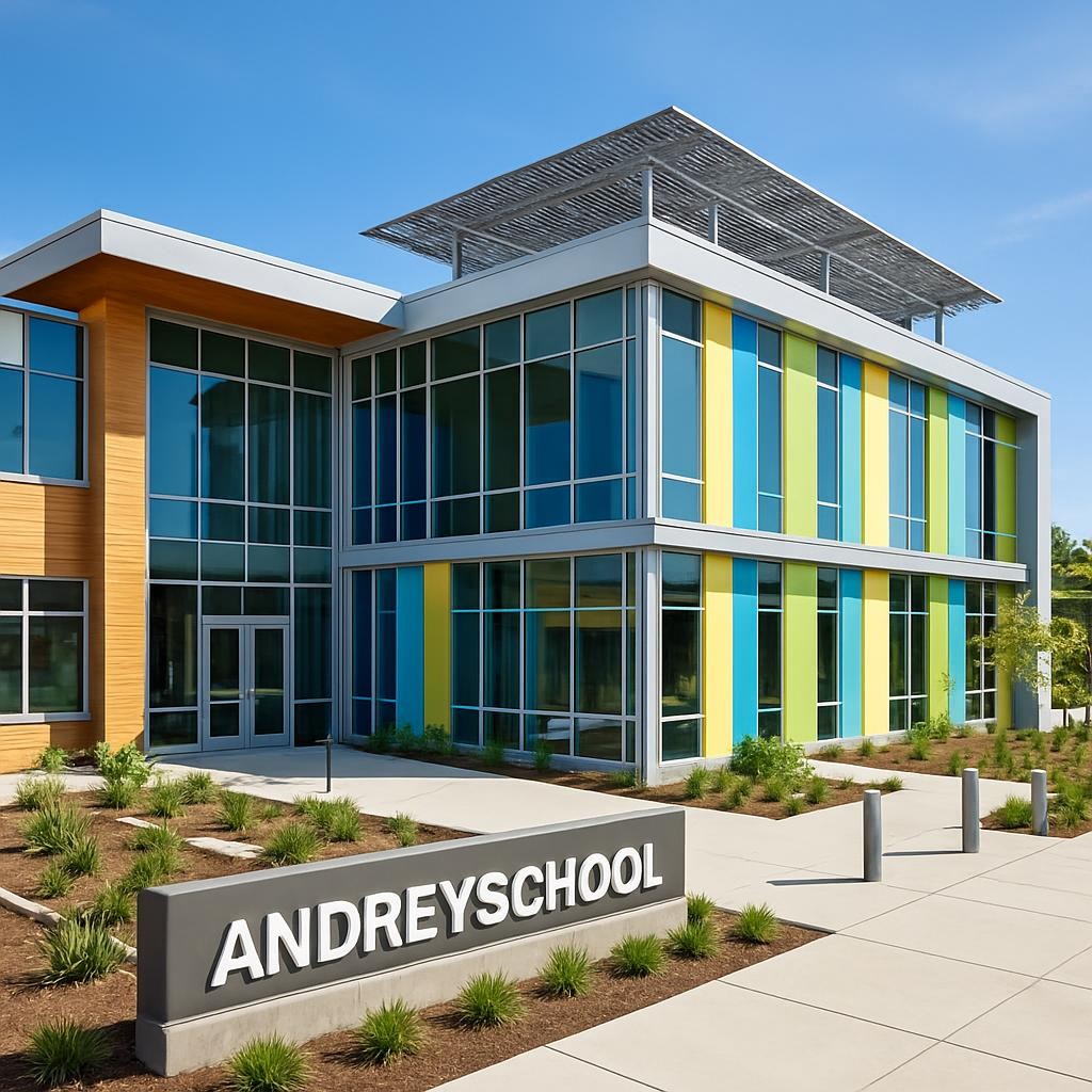 Modern school building with blue, green, and yellow vertical panels and large glass windows